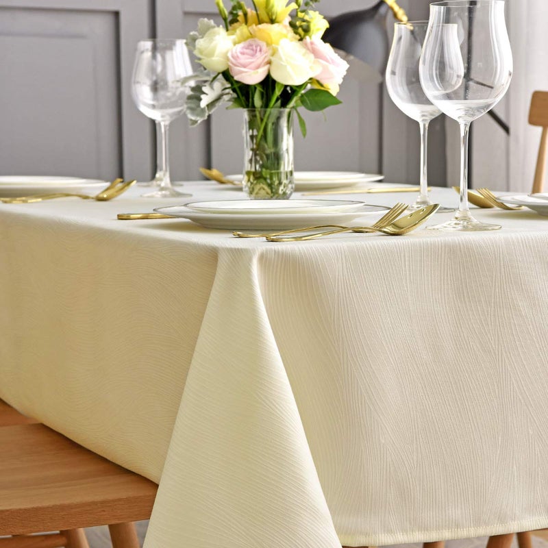 maxmill Jacquard Table Cloth Waving Pattern Water Resistant Wrinkle Resistance Heavy Weight Soft Tablecloth for Kitchen Dinning Tabletop Decoration Oblong 60 x 140 Inch Ivory - Image 1
